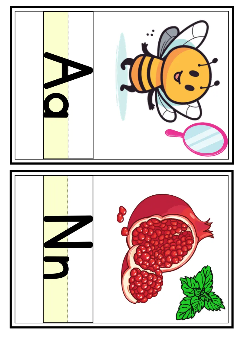 A, N, E ve T harflerinin arı, nar, eşek ve tavuk resimleriyle yer aldığı harf kartları – Standart · 1